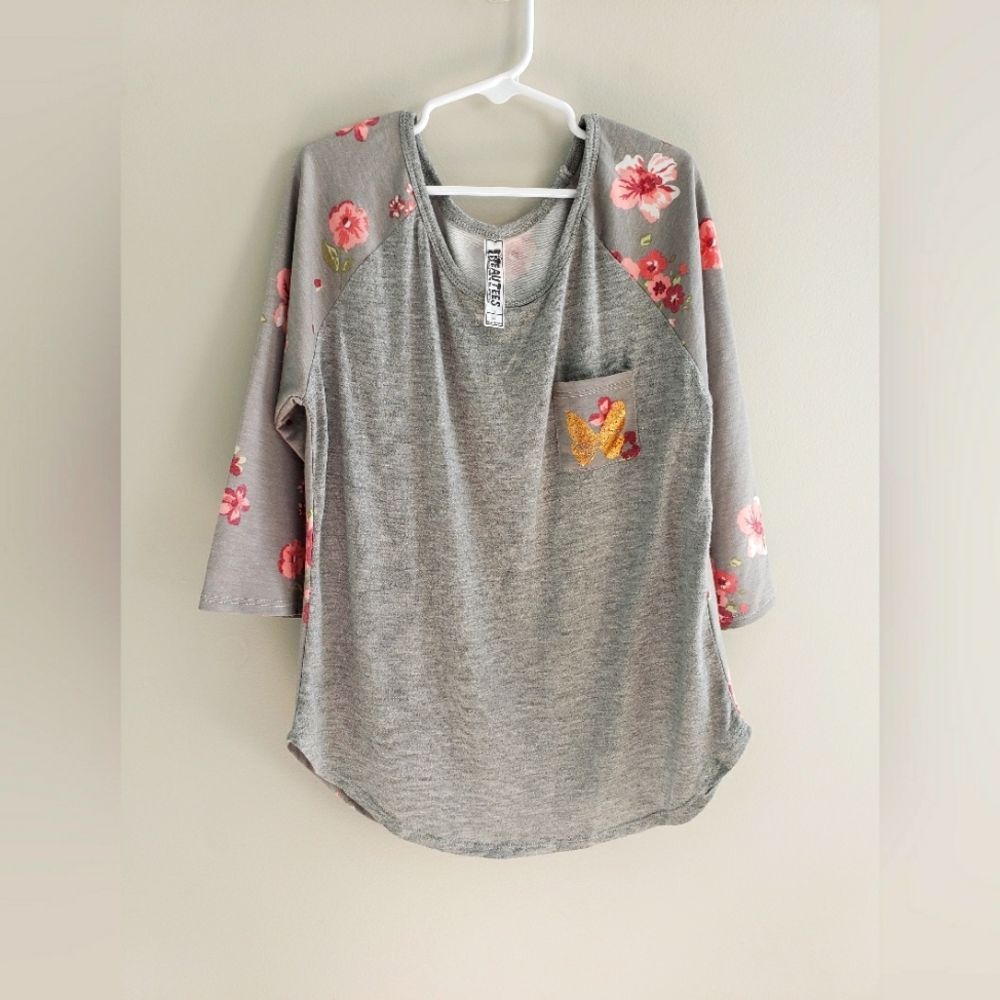 Pretty Flower Pink And Gray 3/4 Sleeve Girls Top, Youth School Fashion